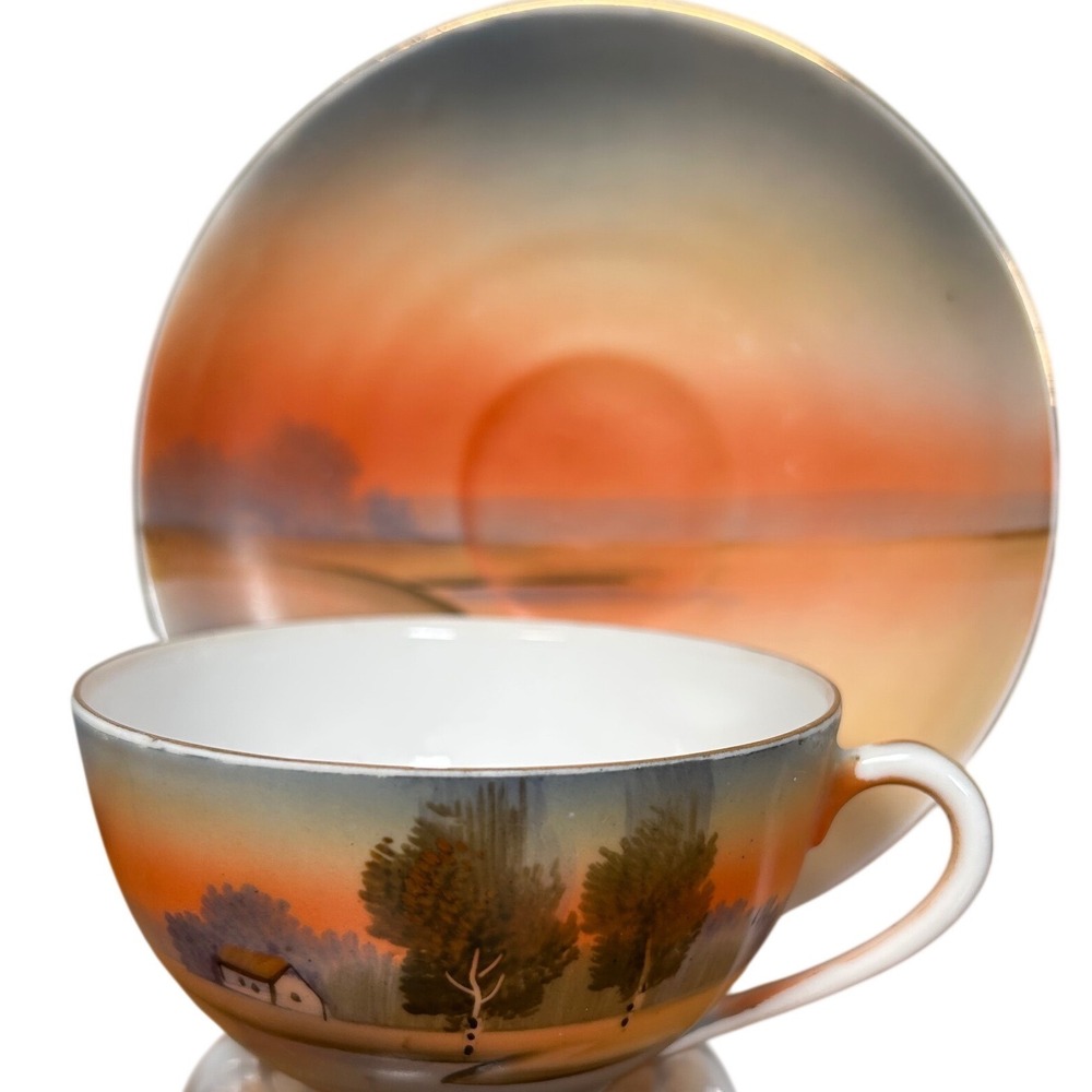 Meito China Hand Painted Sunset Landscape Tea Cup & Saucer Set Asian Art Japan - Picture 3 of 8